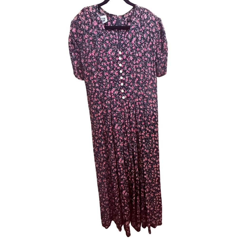 Froxx Ellen Elkin Vintage Floral Wide Leg Jumpsuit XXL Black Pink VNeck Tie Back - Picture 2 of 8